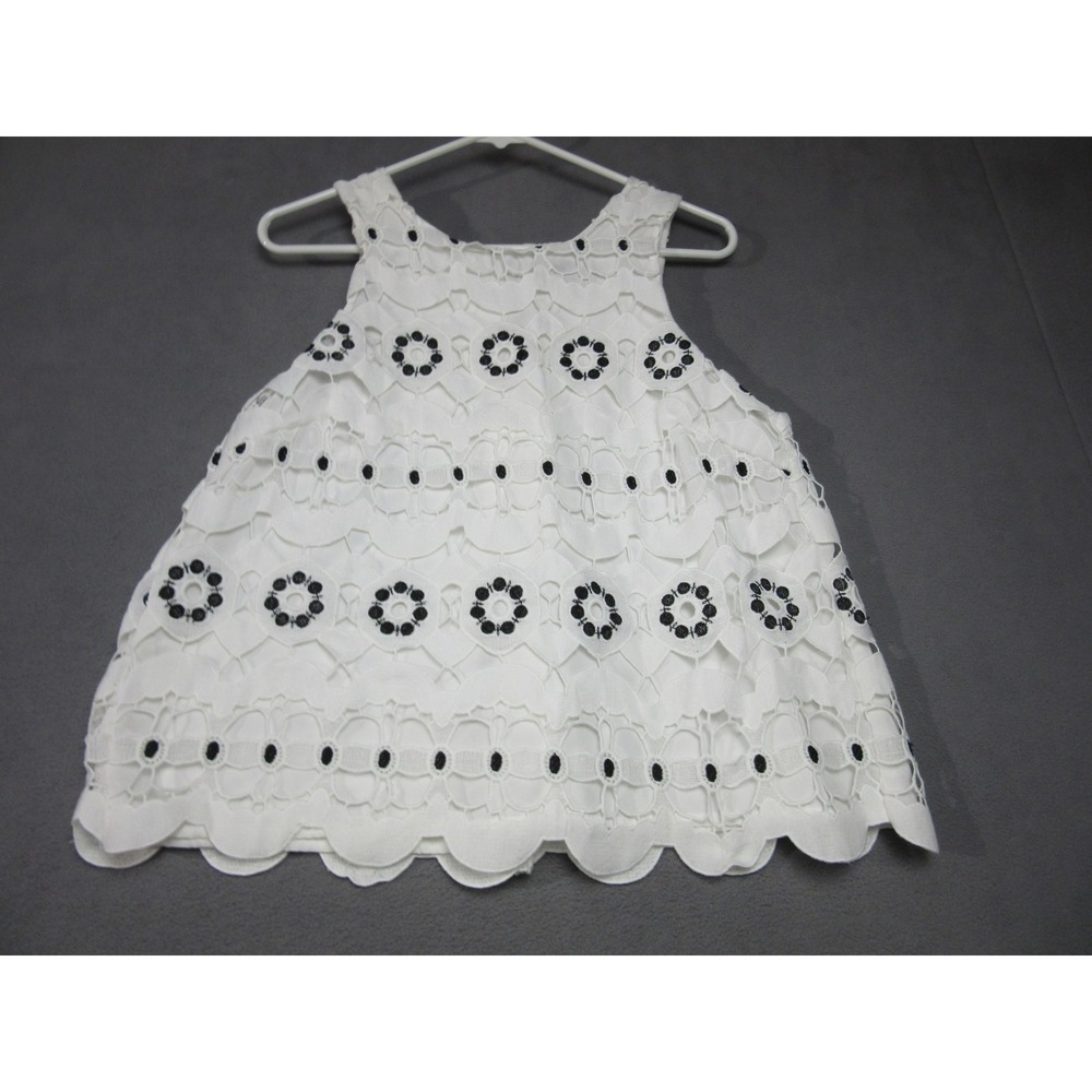 HD in Paris Top Womens Small White Eyelet Lace Black Floral Sleeveless Scalloped